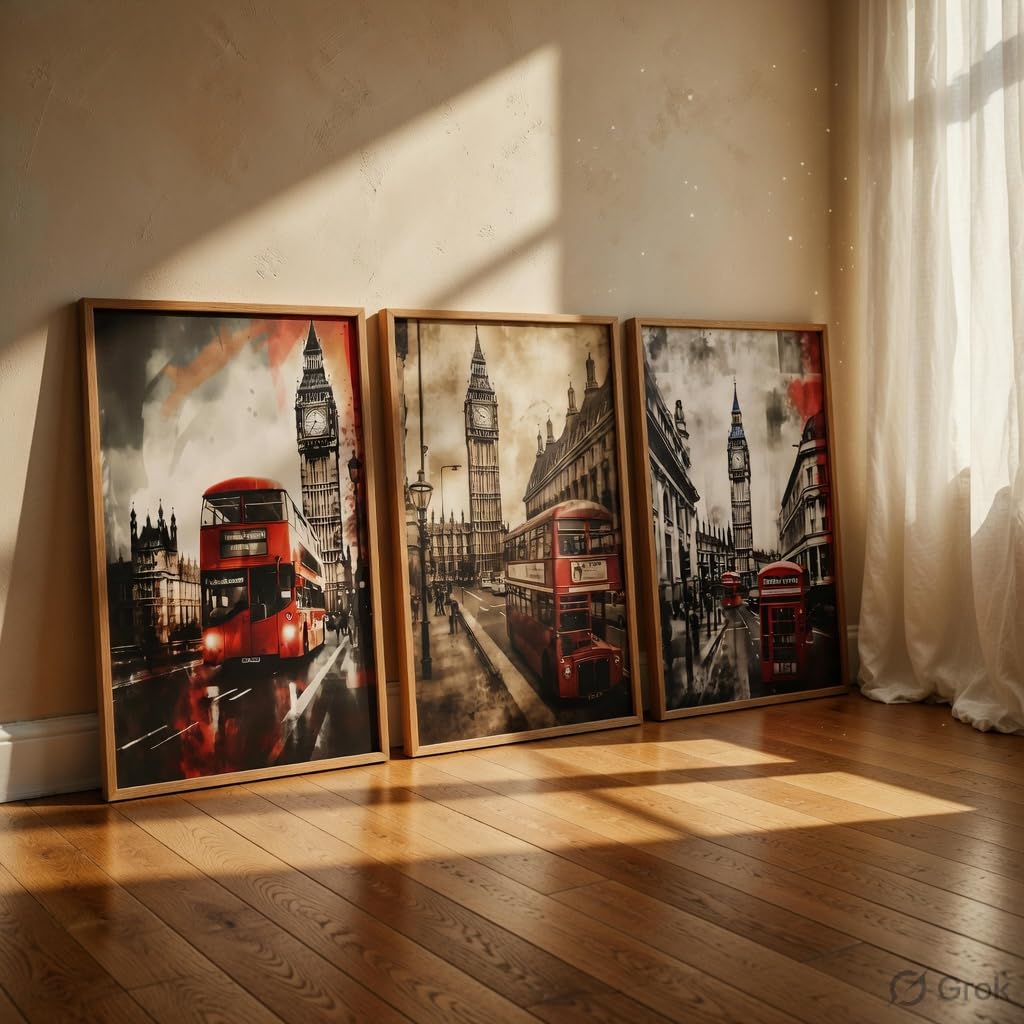 London City Wall Painting Set of 3 with Wooden Frames | Big Ben & Red Bus London Street Artwork HD Sparkle Laminated MDF Wall Decor | Modern Travel Wall Art for Living Room