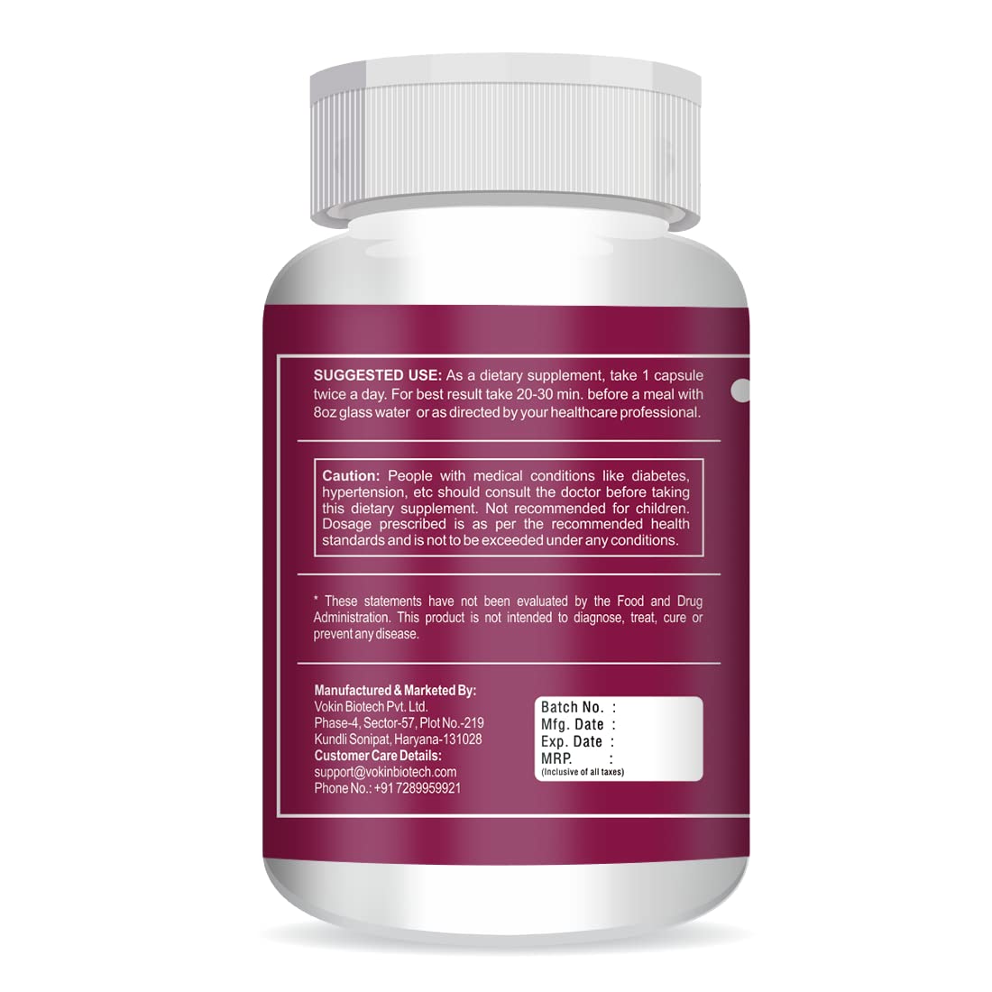 Supplement bottle with a purple label on a white background