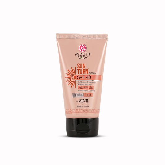 Ayouthveda Sunturn Cream SPF 40 Tinted Sunscreen with BB Effect & PA++++ | Zinc Oxide, Aloe Vera & Berry Extracts | Broad Spectrum UVA/UVB & Blue Light Protection | No White Cast | Lightweight & Water Resistant | 60g (Pack of 1)
