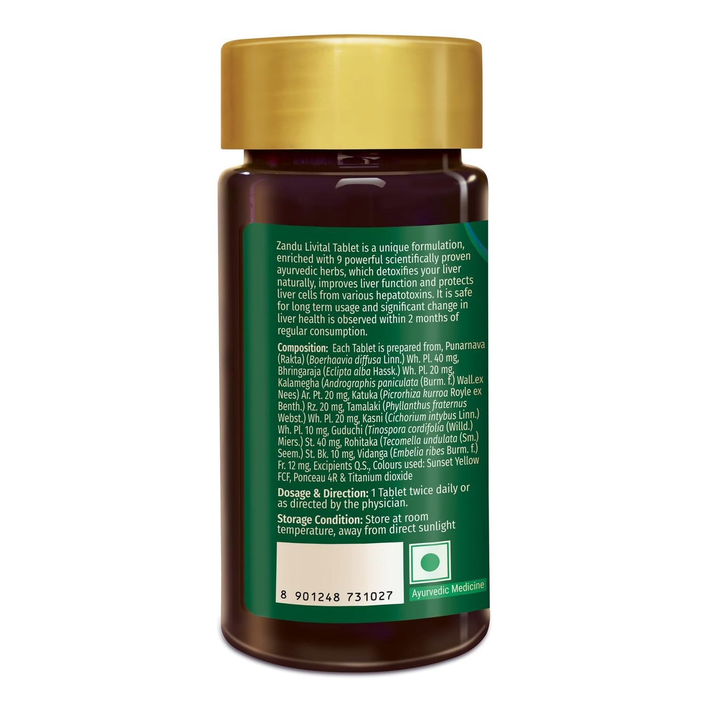 Supplement bottle with gold cap and green label on a white background