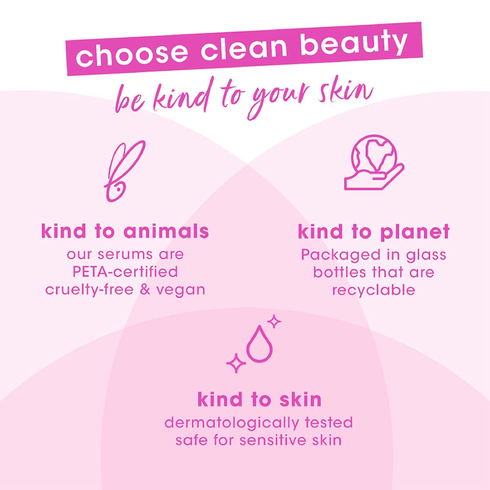 Promotional graphic for clean beauty products with icons and text on a pink background.