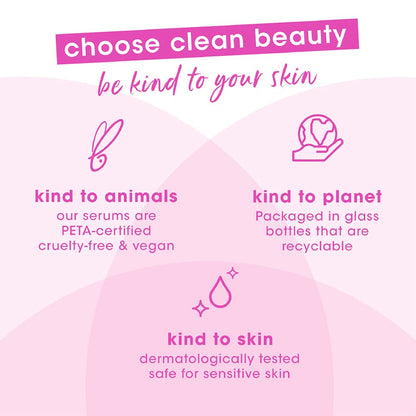 Promotional graphic for clean beauty products with icons and text on a pink background.