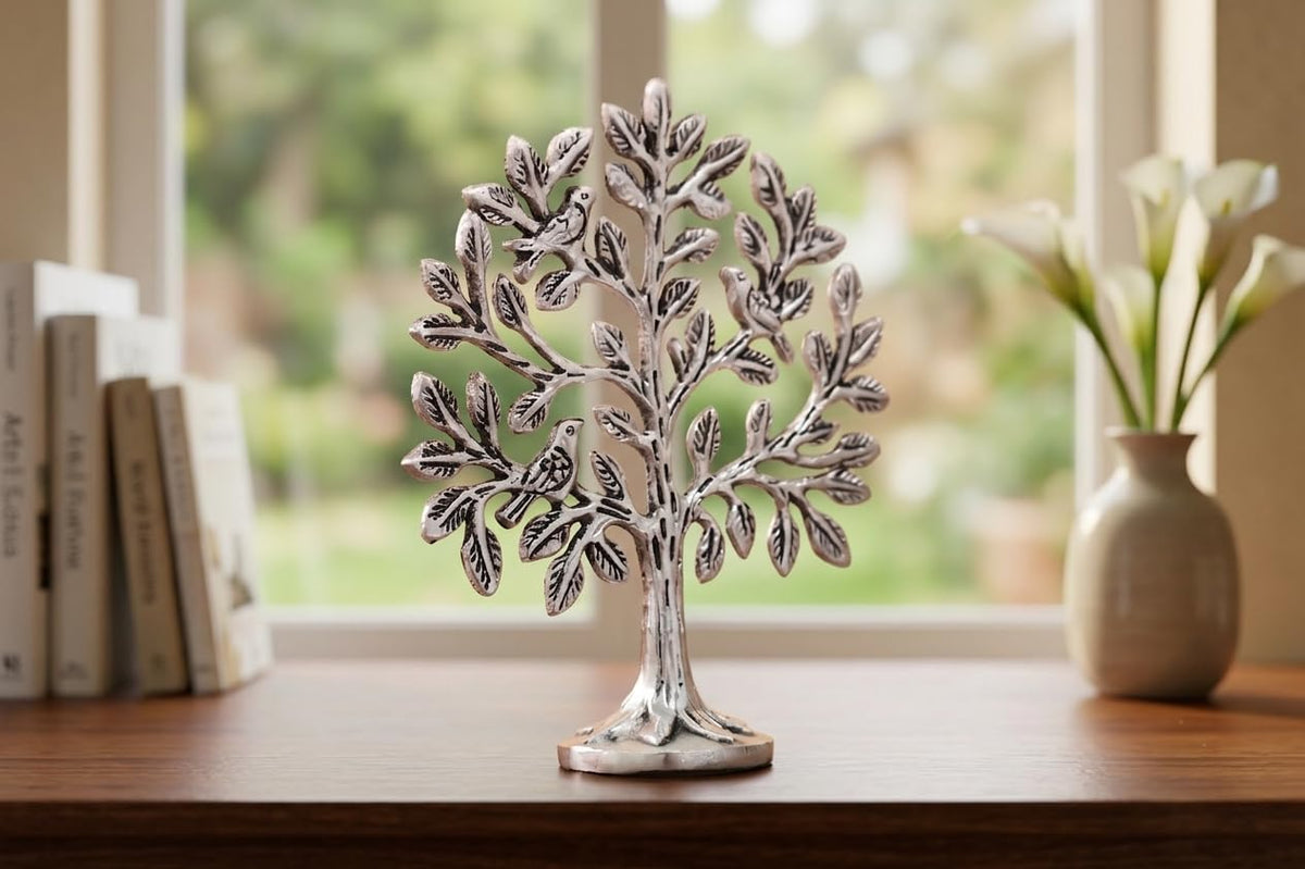Metal Kalpavriksha Tree for Home Decor - Golden Wish Fulfilling Tree Metal Showpiece for Temple, Vastu, Office Table & Gifting Banyan (No 0 Silver)