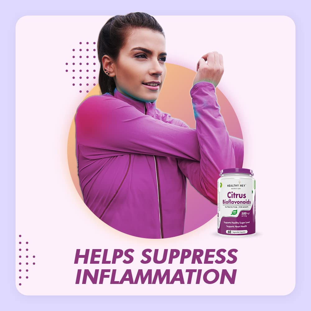 Woman in purple jacket with supplement bottle labeled 'Healthy Net Citrus Bioflavonoids' on a light purple background