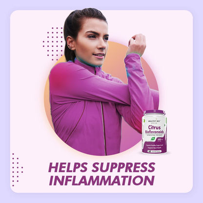 Woman in purple jacket with supplement bottle labeled 'Healthy Net Citrus Bioflavonoids' on a light purple background