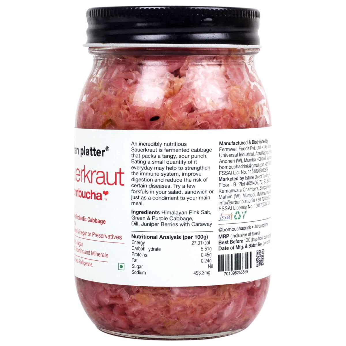 Urban Platter Sauerkraut Original Pickled Probiotic Cabbage, 450g / 15.8oz [Raw, Artisanal, Plant-Based, Preservative Free]