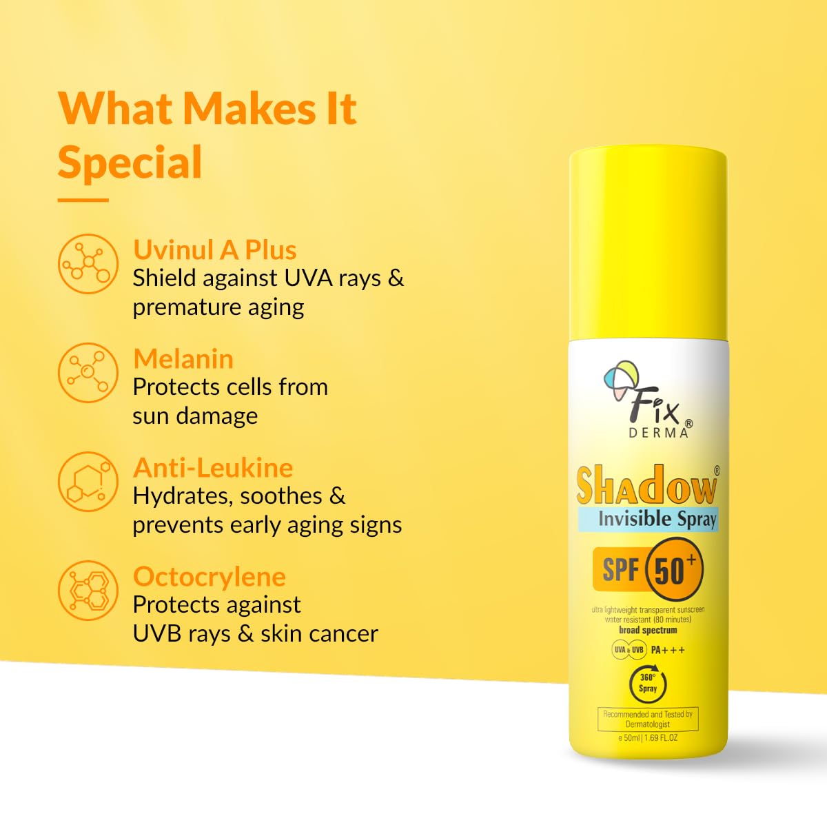 Fixderma Shadow SPF 50+ PA+++ Invisible Spray | Ultra Lightweight Transparent Sunscreen | Water Resistant Broad Spectrum UVA&UVB Sunscreen water resistant, spray for body 50ml (Pack of 1)