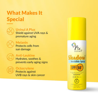 Fixderma Shadow SPF 50+ PA+++ Invisible Spray | Ultra Lightweight Transparent Sunscreen | Water Resistant Broad Spectrum UVA&UVB Sunscreen water resistant, spray for body 50ml (Pack of 1)