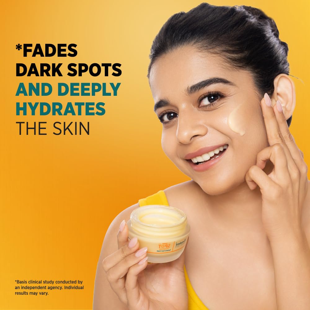 Woman applying cream to her face with a jar of cream, set against a yellow background.