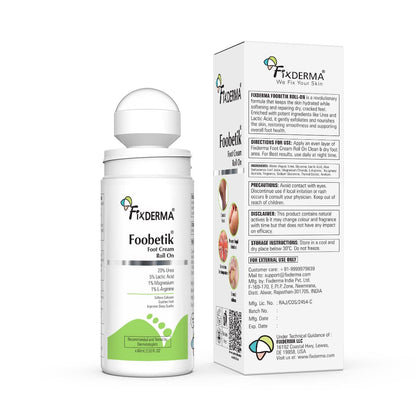 Fixderma Foobetik 20% Urea Foot Roll On For Dry & Cracked Heels with 5% Lactic Acid & 1% Magnesium | Dermatologically Tested | Helps Repair and Moisturise Cracked Heels - 60ml