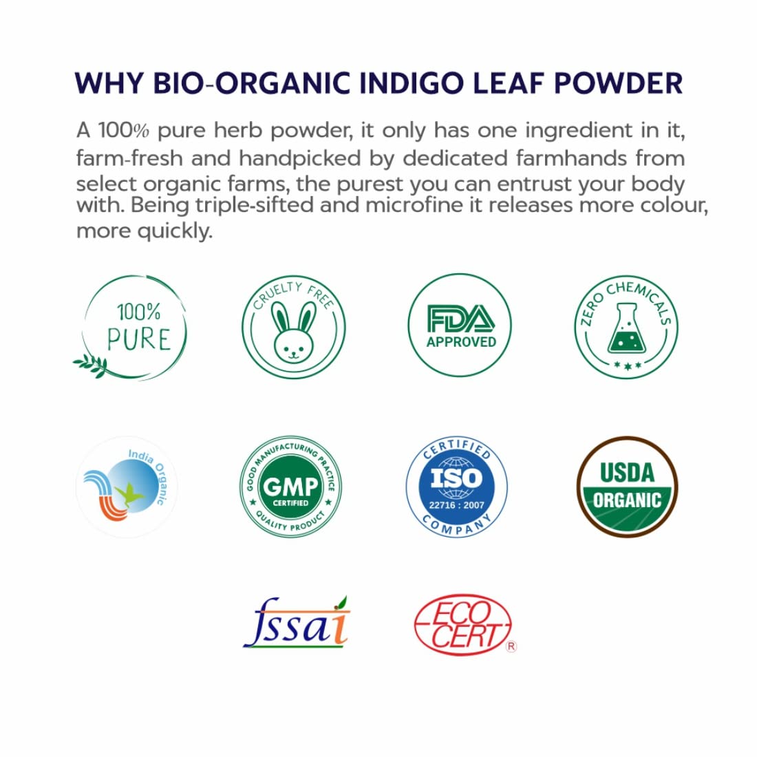 Promotional image for Bio-Organic Indigo Leaf Powder with certification logos on a white background.
