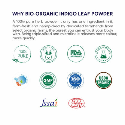 Promotional image for Bio-Organic Indigo Leaf Powder with certification logos on a white background.