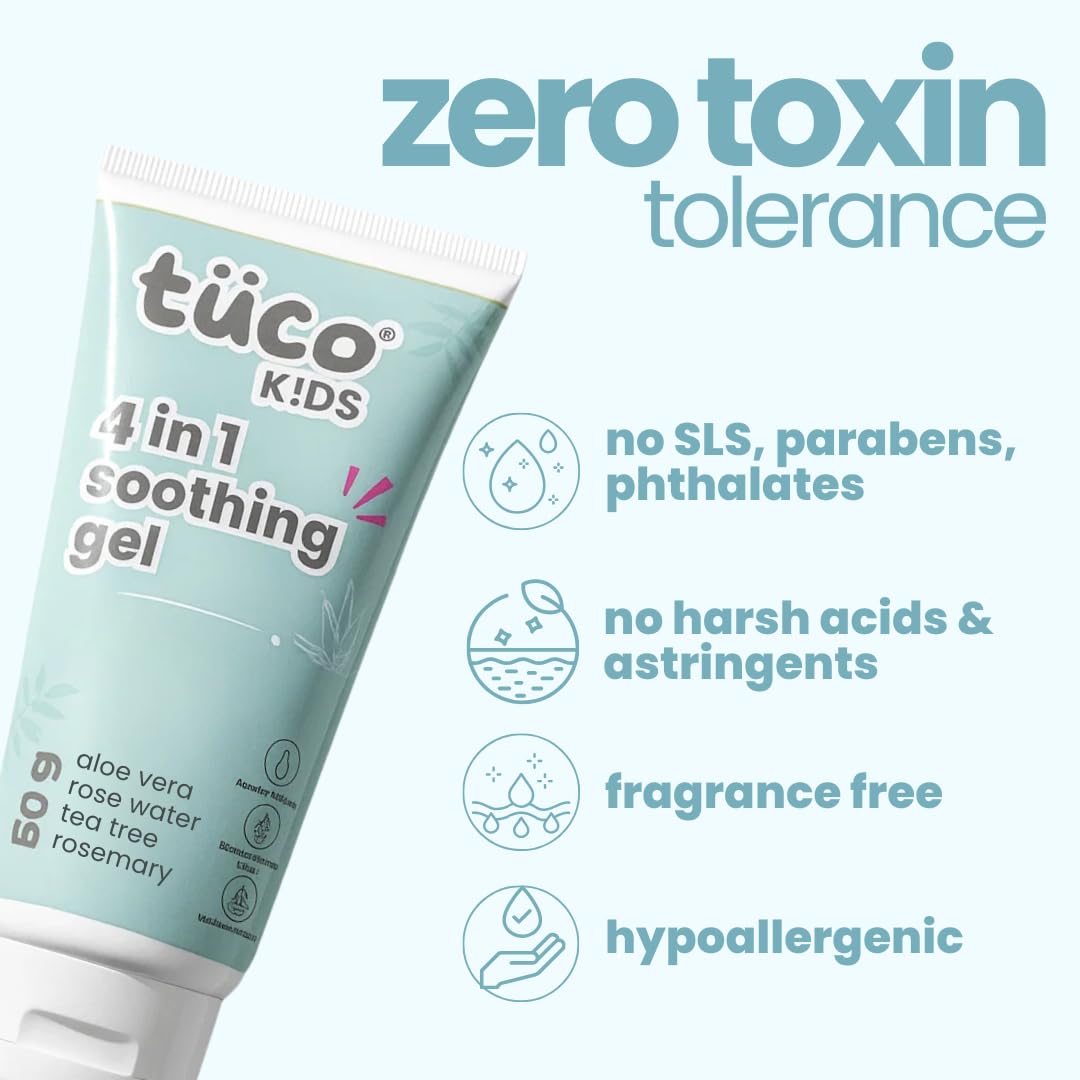 Tube of tüco Kids 4-in-1 soothing gel with zero toxin tolerance claims on a light blue background