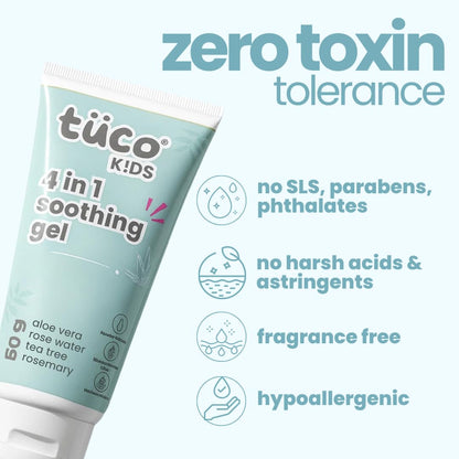 Tube of tüco Kids 4-in-1 soothing gel with zero toxin tolerance claims on a light blue background
