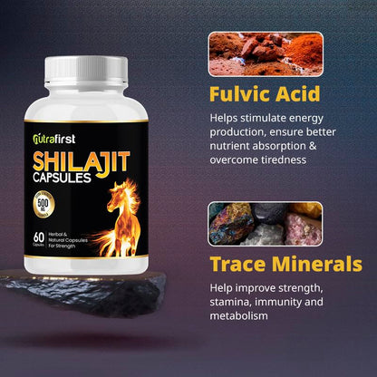 Nutrafirst Shilajit Capsules (500mg, 60 Caps) | Pure Himalayan Shilajeet Extract | Supports Muscle Strength, Stamina, Endurance & Energy | Improves Performance, Vitality & Immunity