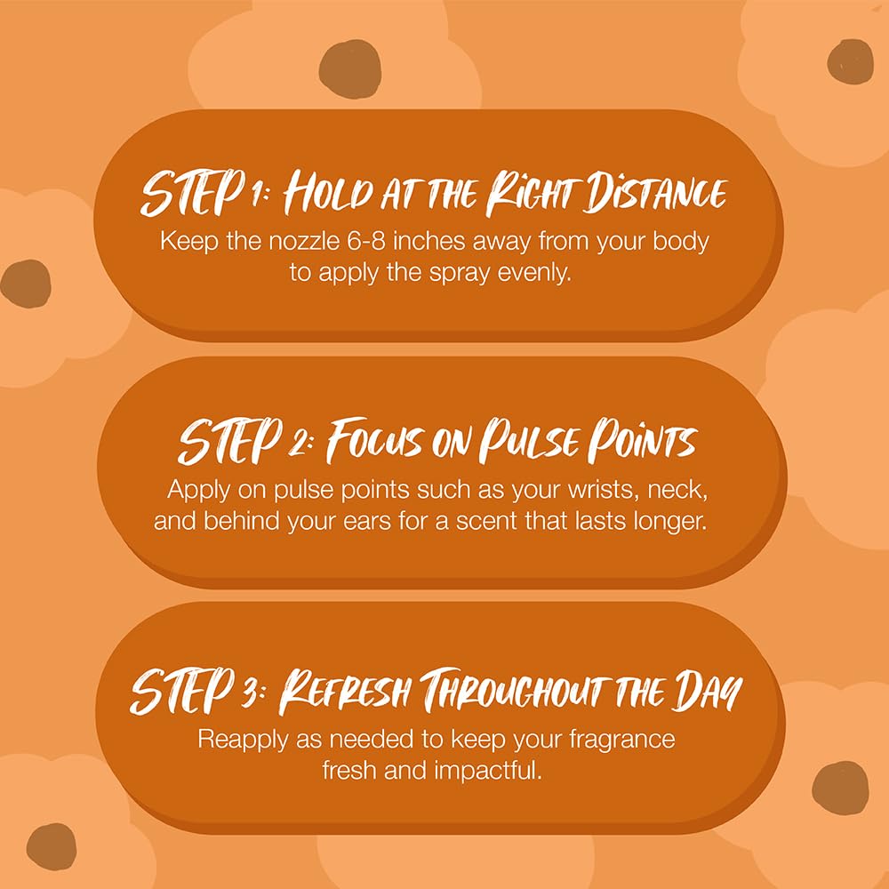 Instructions for using a spray product on an orange background with text overlay.