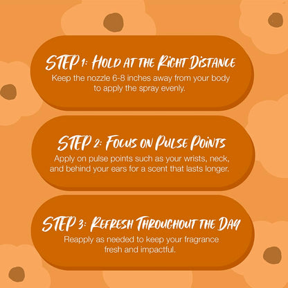 Instructions for using a spray product on an orange background with text overlay.