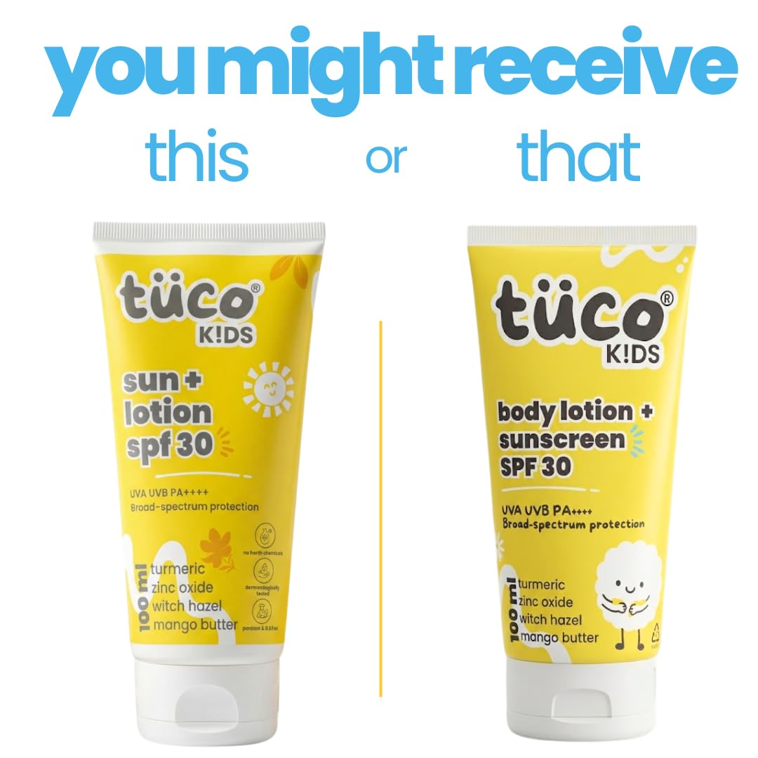 Tuco Kids SPF 30 Sunscreen Lotion for Kids, Body & Face, PA++++, 100ml | UVA/UVB Broad Spectrum. Turmeric & Mango Butter. No Benzophenone-3 or Avobenzone. Water Resistant. Safe for Ages 5-15.