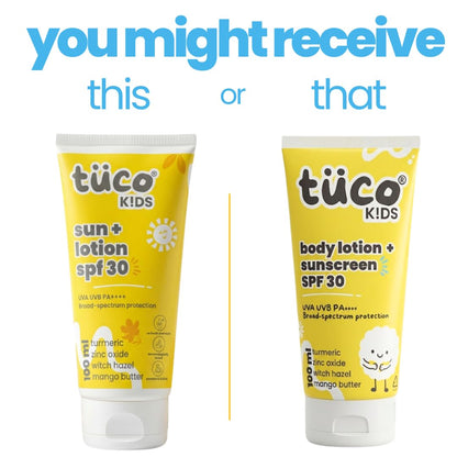 Tuco Kids SPF 30 Sunscreen Lotion for Kids, Body & Face, PA++++, 100ml | UVA/UVB Broad Spectrum. Turmeric & Mango Butter. No Benzophenone-3 or Avobenzone. Water Resistant. Safe for Ages 5-15.