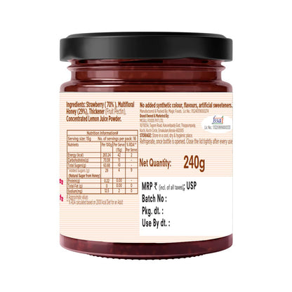 Eatopia Sugar Free Strawberry Honey Jam | 100% Pure & Natural | Healthy Jam for Kids & Adults | No Added Flavours & Preservatives | 70% Real Strawberries | Sweetness from Real Fruits & Honey | Pack of 1 | 240g
