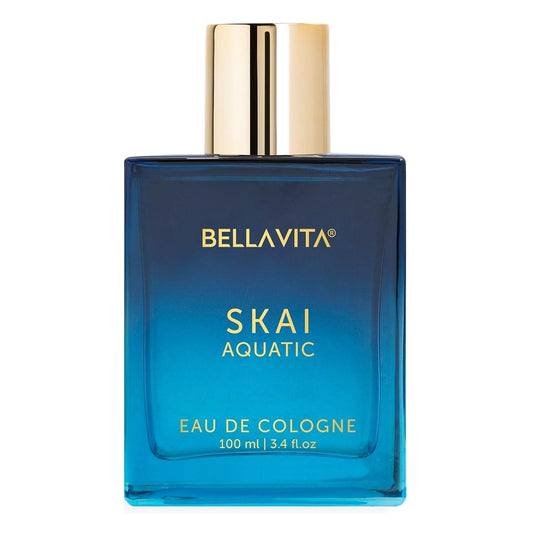 Blue Bellavita Skai Aquatic cologne bottle with gold cap on a white background