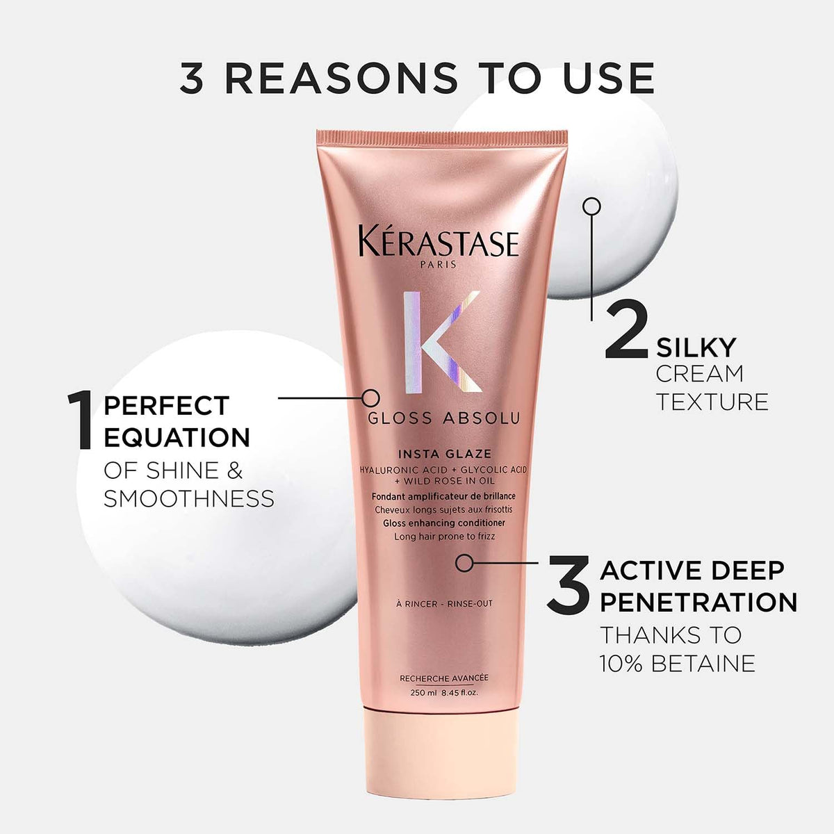 Kérastase Gloss Absolu product with features highlighted on a white background