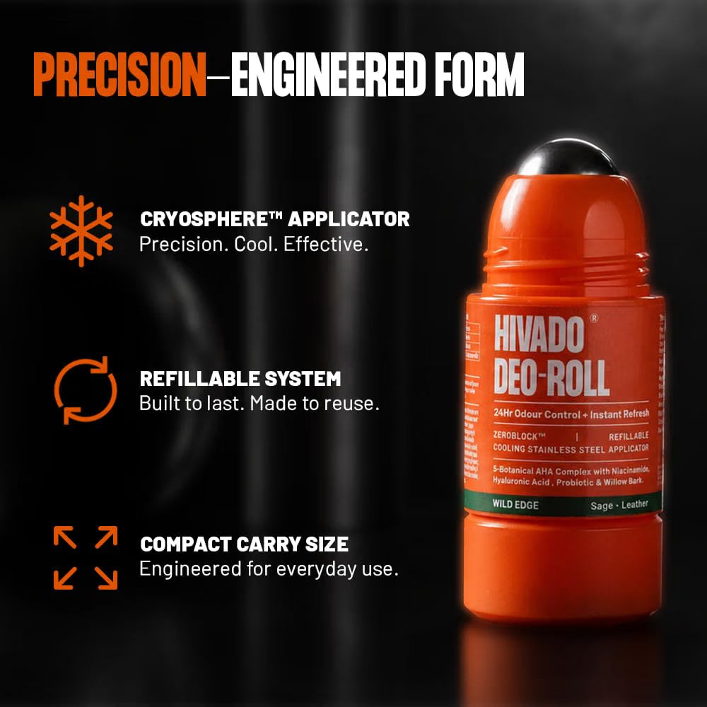 HIVADO Roll-On Deodorant Refill, 40ml | For Cool Steel Ball Applicator | Men & Women | Probiotic, Niacinamide & Botanical AHA | Natural Odour Control
