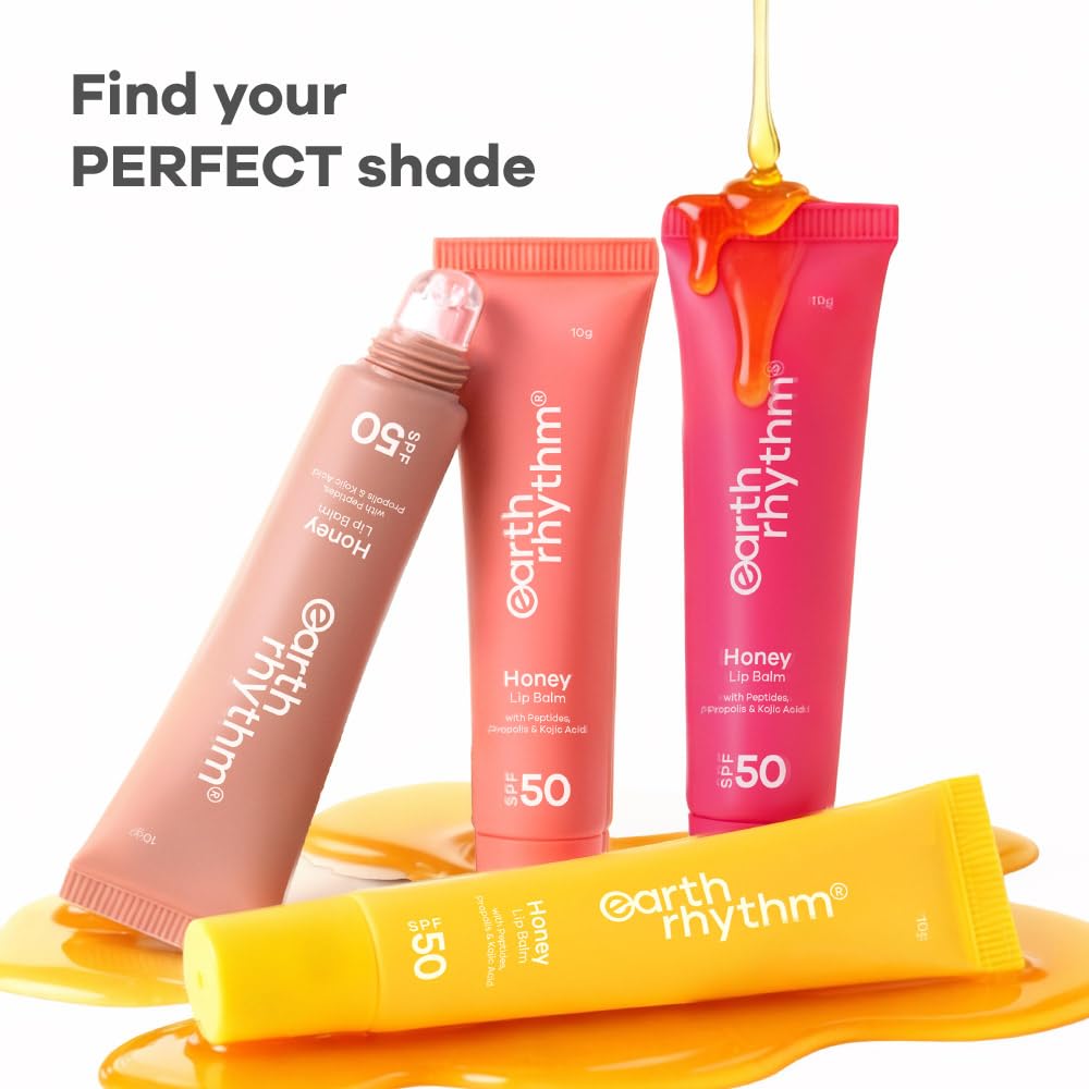 Earth Rhythm Honey Lip Balm SPF 50 Brightens Lips with Propolis, Peptides & Kojic Acid - Hazelnut
