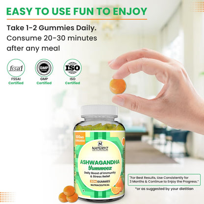 Naturyz Ashwagandha Yummeez gummy bottle with a hand holding a gummy, certification logos, and usage instructions.