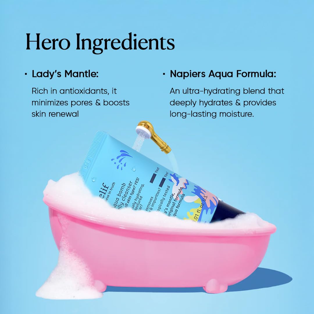 elf skincare product with 'Hero Ingredients' text on a blue background