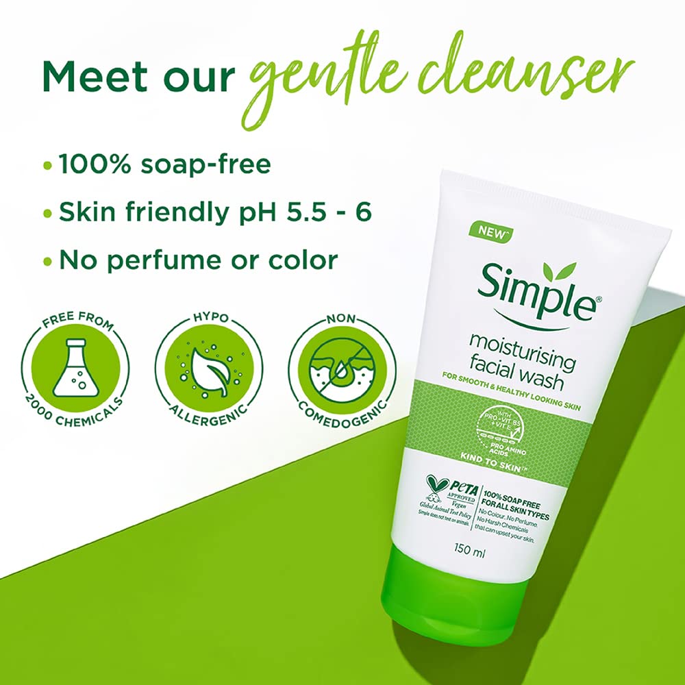 Simple Kind To Skin Moisturising Facial Wash 150 ml | 100% Soap-Free Facewash that leaves your skin moisturised | For normal to dry skin