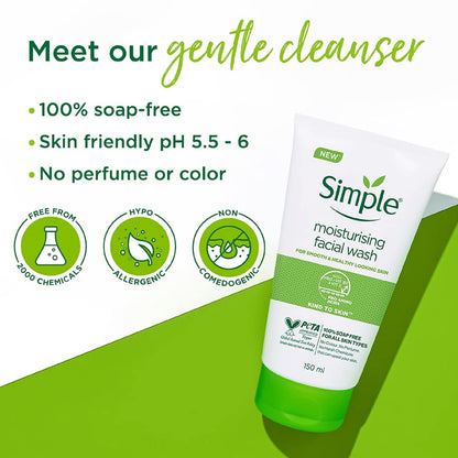 Simple Kind To Skin Moisturising Facial Wash 150 ml | 100% Soap-Free Facewash that leaves your skin moisturised | For normal to dry skin