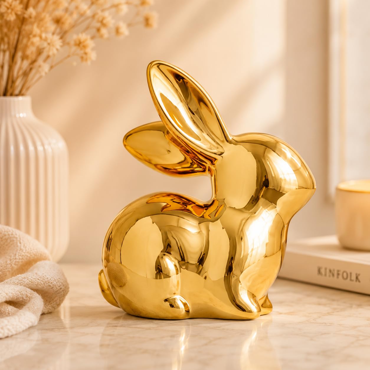 Street27 Ceramic Rabbit Figurines Set of 2, Gold Decorative Bunny Statues for Home Decor, Small Modern Animal Showpieces for Living Room, Bedroom, Office Desk, Shelf Decoration, Glossy Finish