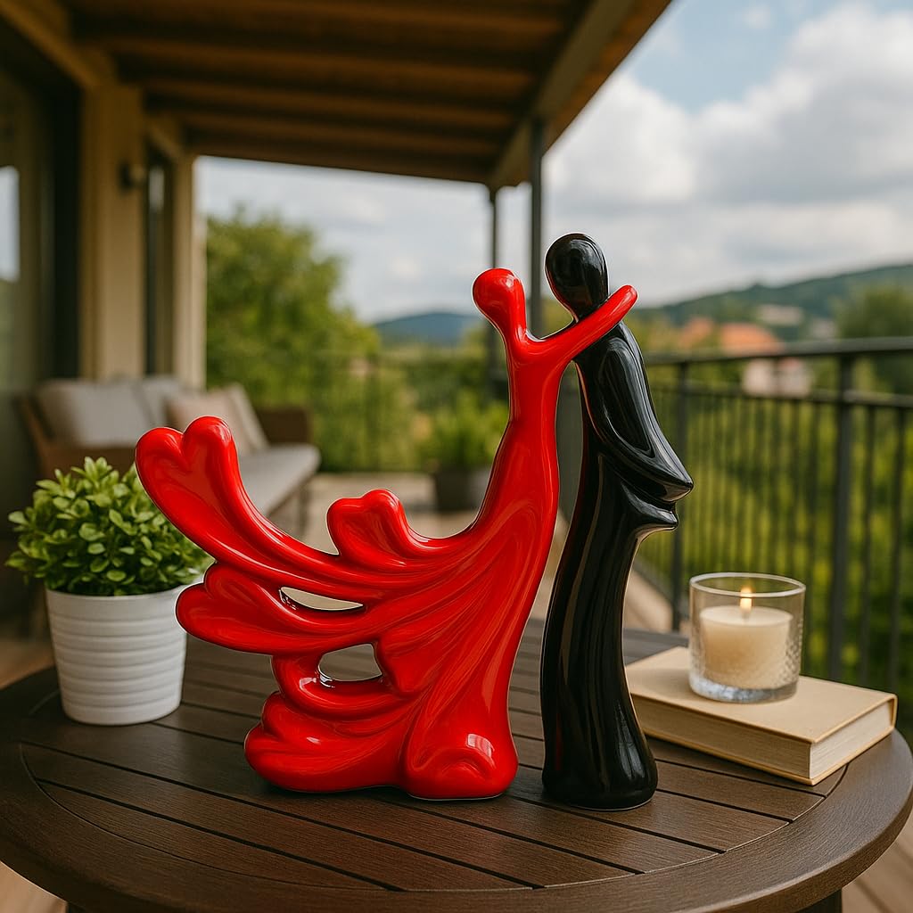 Xtore Passionate Lover Hugging Couple Figure | Beautiful Ceramic Home Decor Statue - (Set of 2, Red & Black)