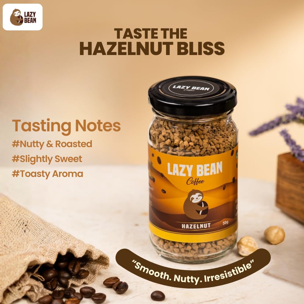 Lazy Bean Hazelnut Flavoured - Premium Instant Coffee Powder 50 g | Strong Black Coffee, Rich Aroma, Quick-Dissolving Granules | Ready in Seconds for Hot or Iced Brews at Home, Office, Travel