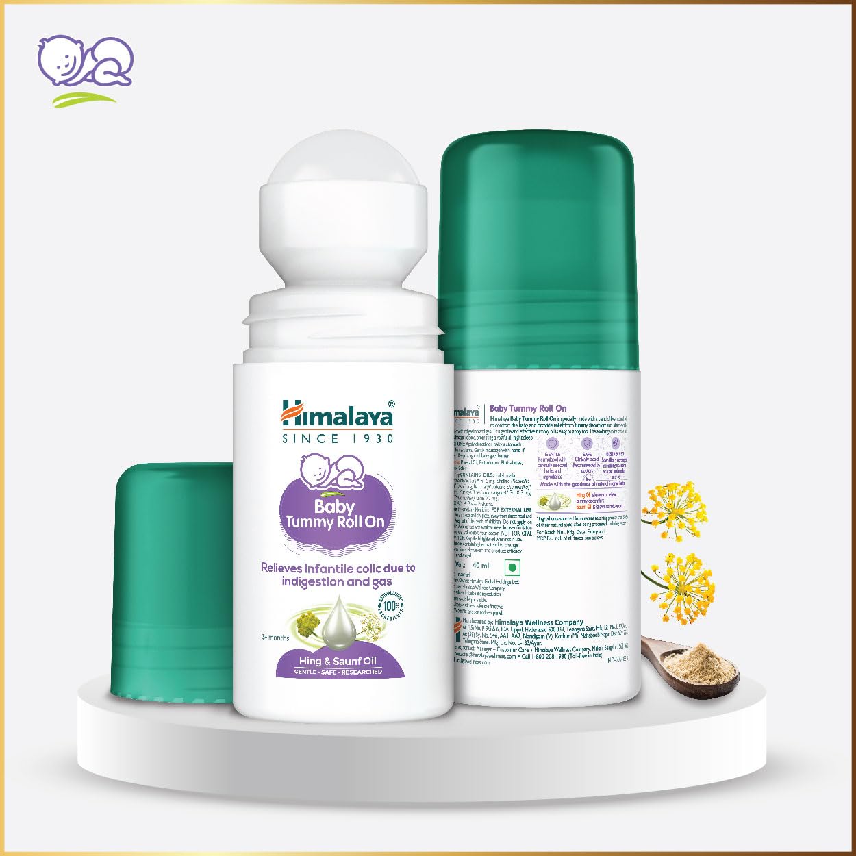Himalaya Baby Tummy Roll On (40ml) with 5 Natural Oils including Hing, Saunf, Cardamom | Eases Tummy Discomfort & Indigestion | Pediatrician Tested | Clinically Tested