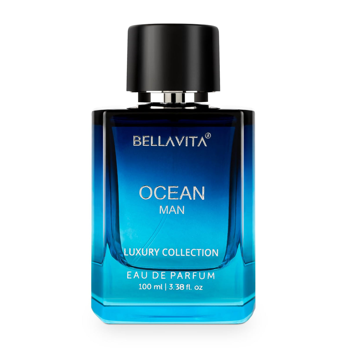 Blue perfume bottle labeled 'Ocean Man' by Bellavita on a white background