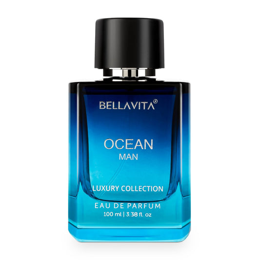 Blue perfume bottle labeled 'Ocean Man' by Bellavita on a white background