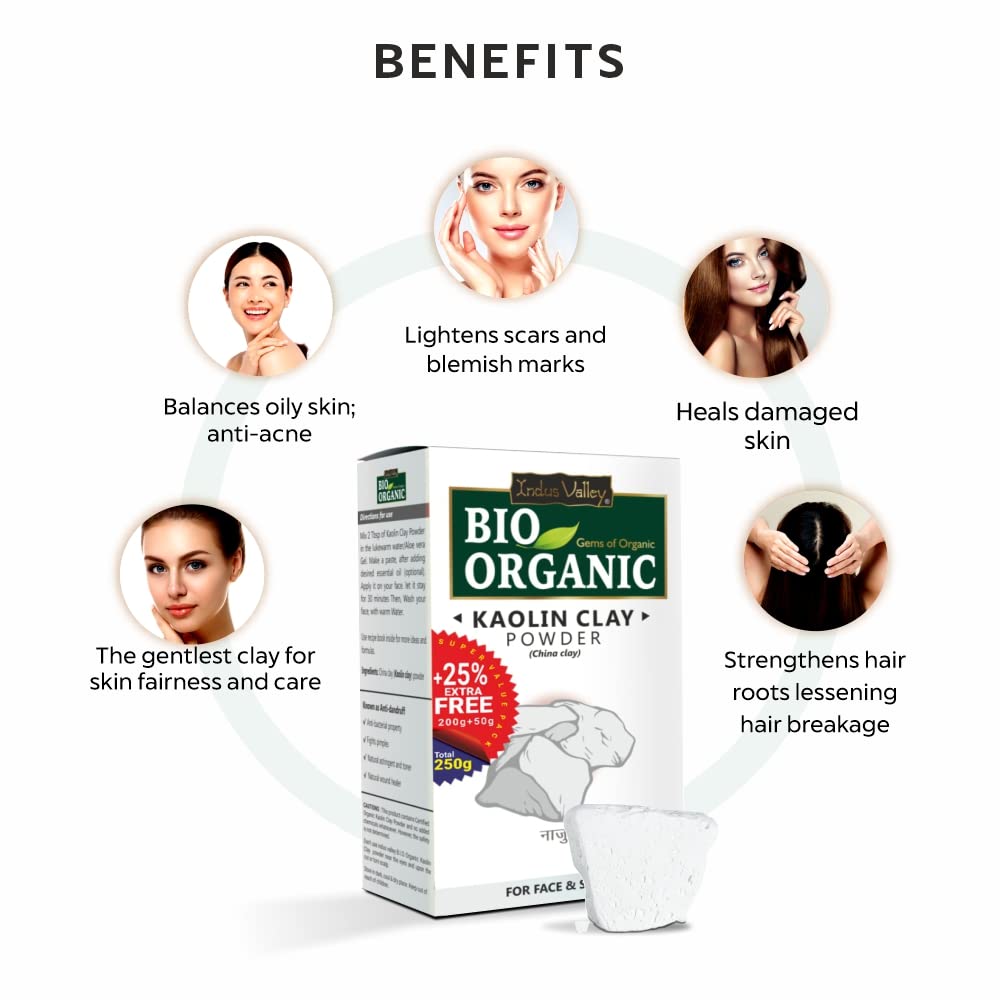 Bio Organic kaolin clay powder packaging with benefits listed on a white background