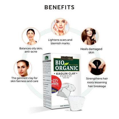 Bio Organic kaolin clay powder packaging with benefits listed on a white background