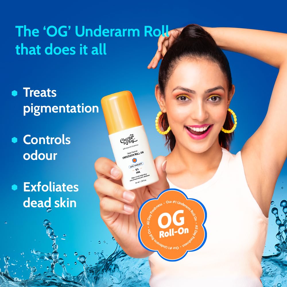 Chemist At Play UnderArm Roll On For Sensitive Skin | Aqua Fragrance | 75ml 4% Lactic Acid & 1% Mandelic Acid | Fades Underarm Pigmentation & Reduces Body Odour | 0% Aluminium & Alcohol |Sensitive Skin