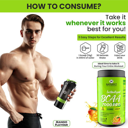 Man holding a supplement container with text on how to consume it, featuring a green background.