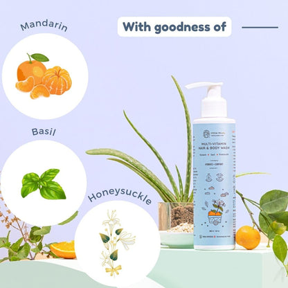 Little Rituals Baby Multi-Vitamin Body & Hair Wash - Tear Free + pH 5.5. Formulated with the best plant botanical - HONEYSUCKLE, BASIL, MANDARIN. Natural, Organic, Dermat tested, SWISS Technology (200ml)