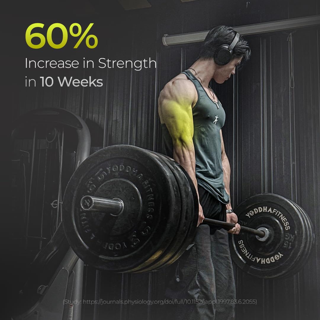 Person lifting weights with text about strength increase in a gym setting