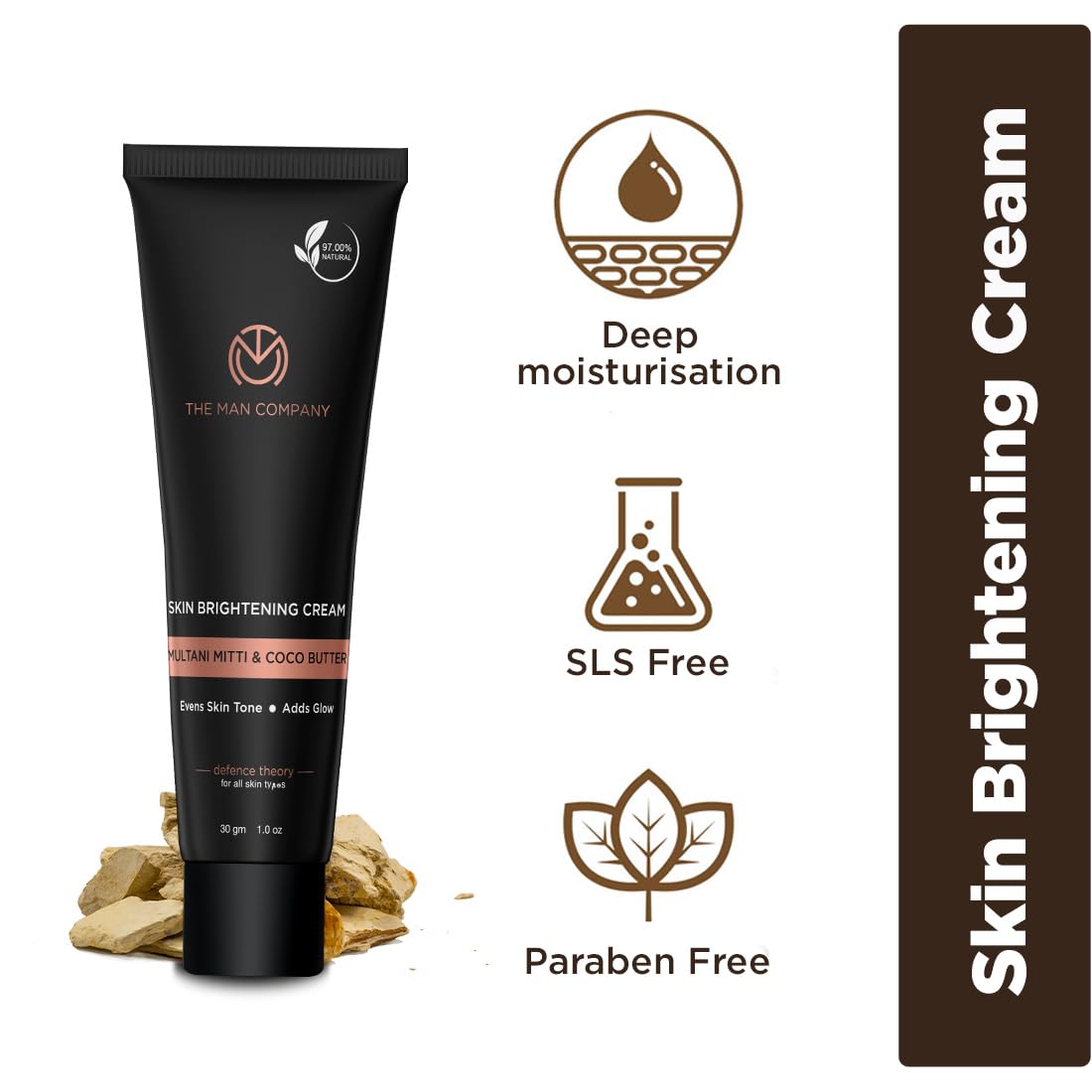 The Man Company Skin Brightening Cream with Multani Mitti, Coco Butter, Hyaluronic Acid | Bright & Soft Skin | Reduce Acne | Removes Blackhead - 30 gm