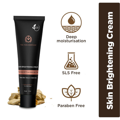 The Man Company Skin Brightening Cream with Multani Mitti, Coco Butter, Hyaluronic Acid | Bright & Soft Skin | Reduce Acne | Removes Blackhead - 30 gm