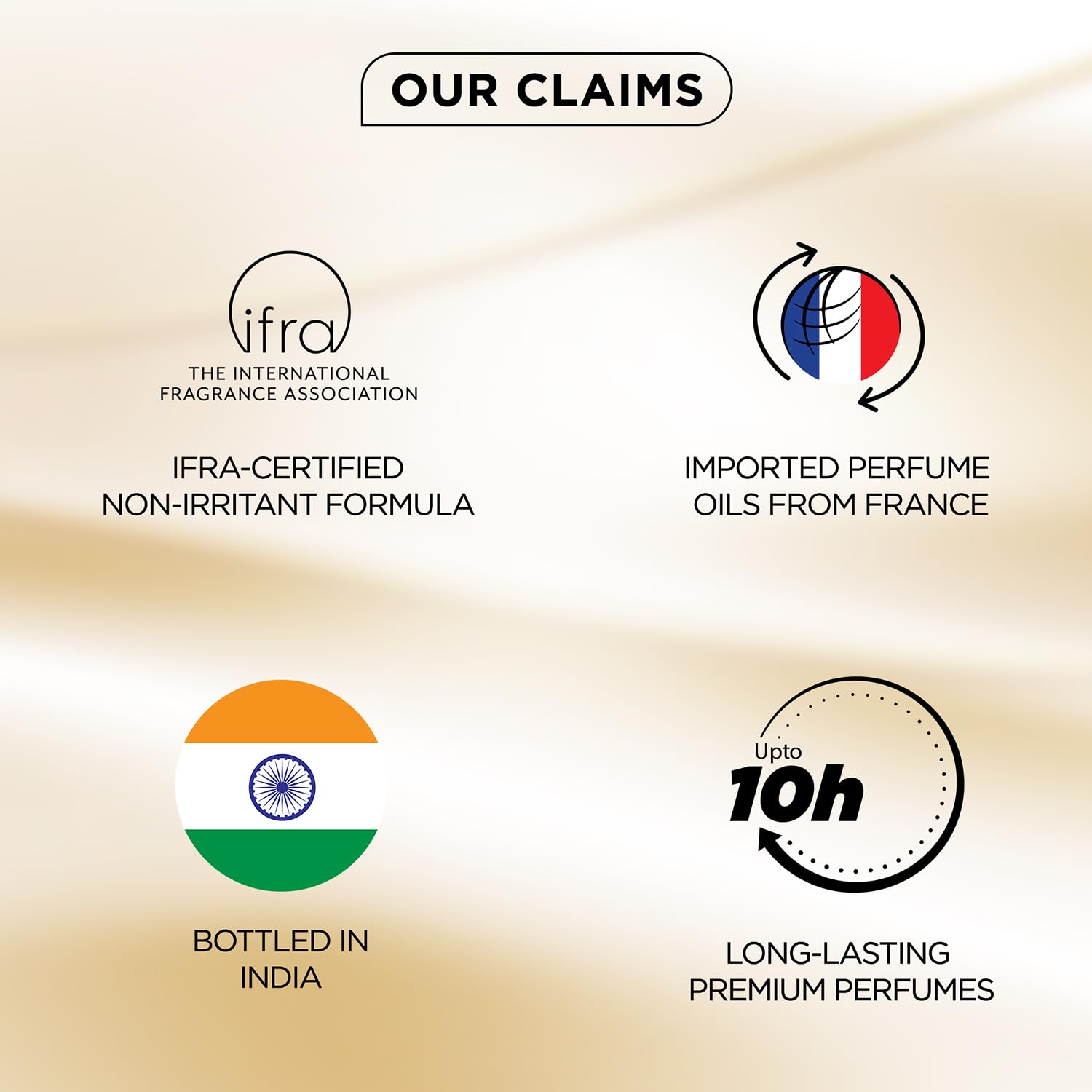 List of product claims including IFRA certification, imported perfume oils from France, bottled in India, and long-lasting premium perfumes on a gold background.