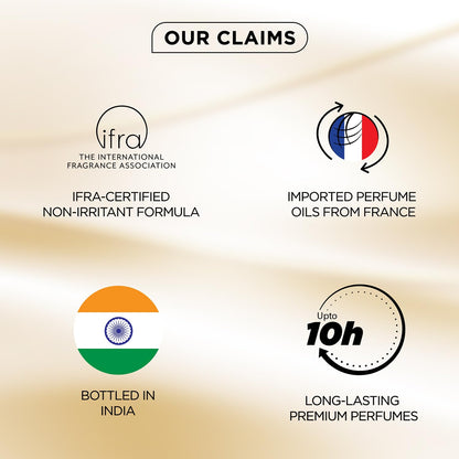 List of product claims including IFRA certification, imported perfume oils from France, bottled in India, and long-lasting premium perfumes on a gold background.