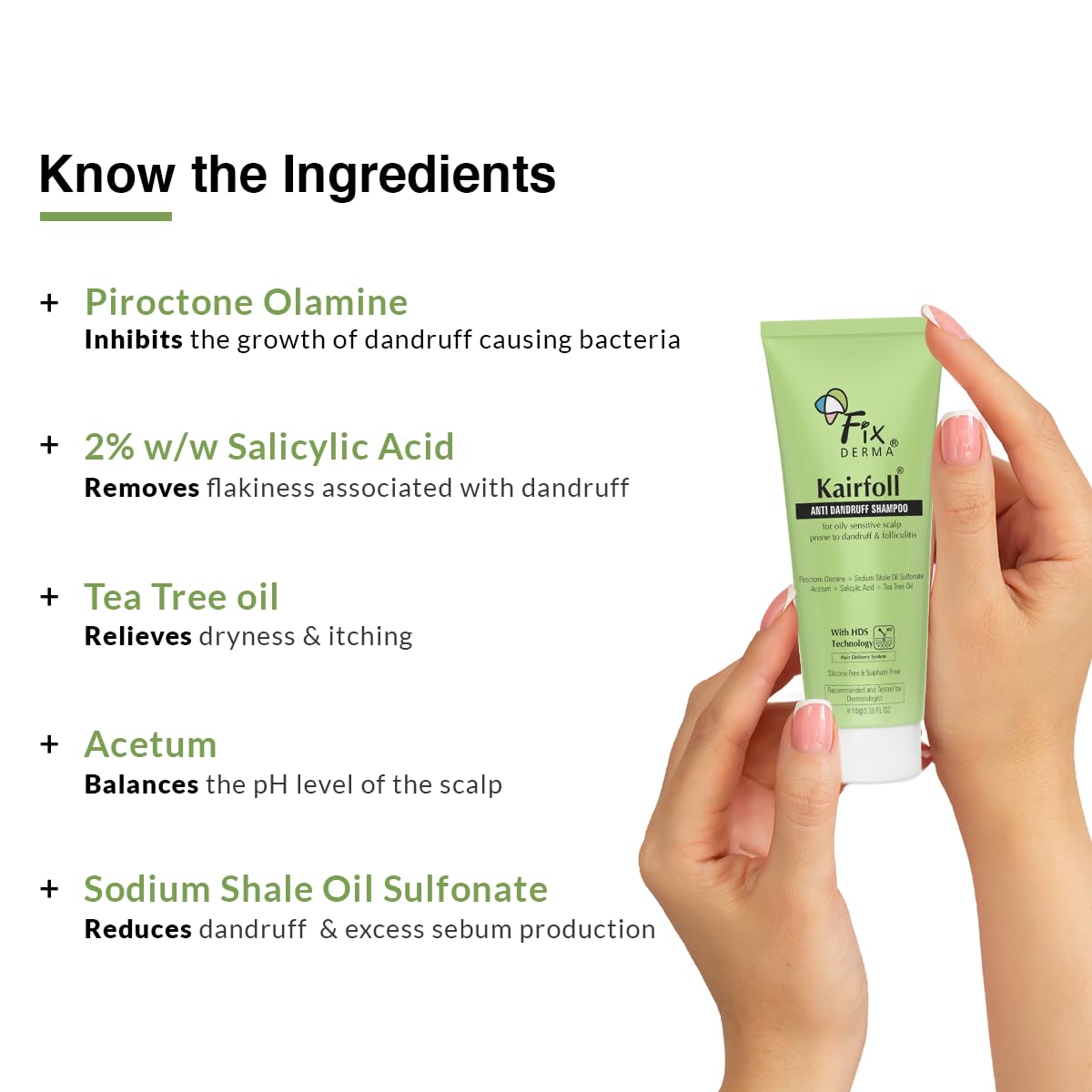 Fixderma Kairfoll Anti Dandruff Shampoo for Oily Sensitive Scalp Prone to Dandruff & Folliculitis | Anti Dandruff Shampoo for Women & Men | 2% w/w Salicylic Acid for Hair Fall Shampoo - 15 ml