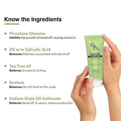 Fixderma Kairfoll Anti Dandruff Shampoo for Oily Sensitive Scalp Prone to Dandruff & Folliculitis | Anti Dandruff Shampoo for Women & Men | 2% w/w Salicylic Acid for Hair Fall Shampoo - 15 ml
